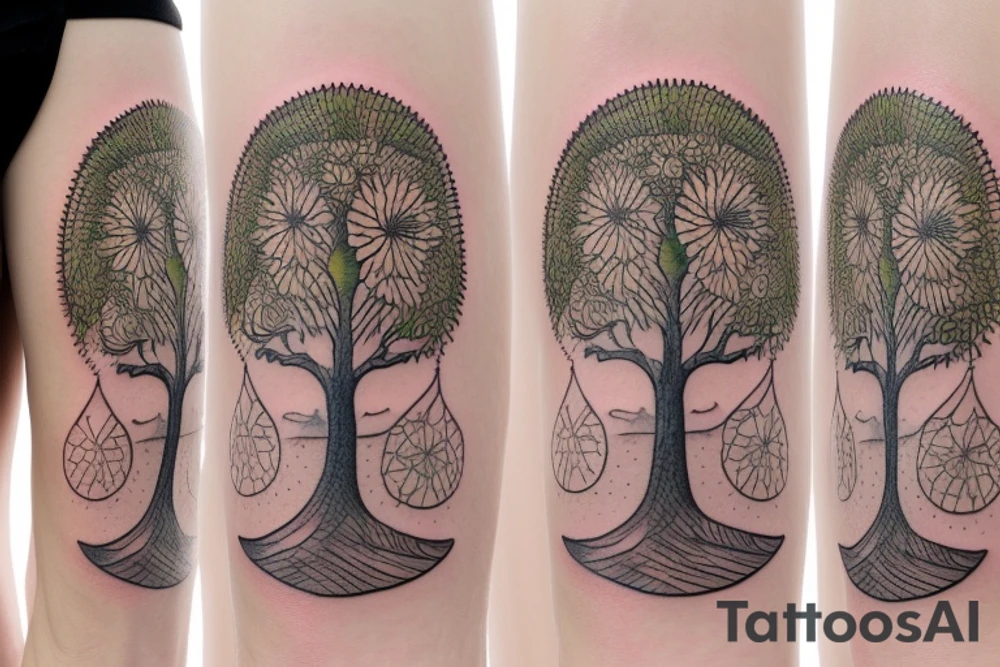 Tree of life surrounded by mountains and surf wrapped with sunflower tattoo idea