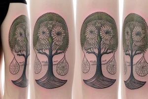 Tree of life surrounded by mountains and surf wrapped with sunflower tattoo idea