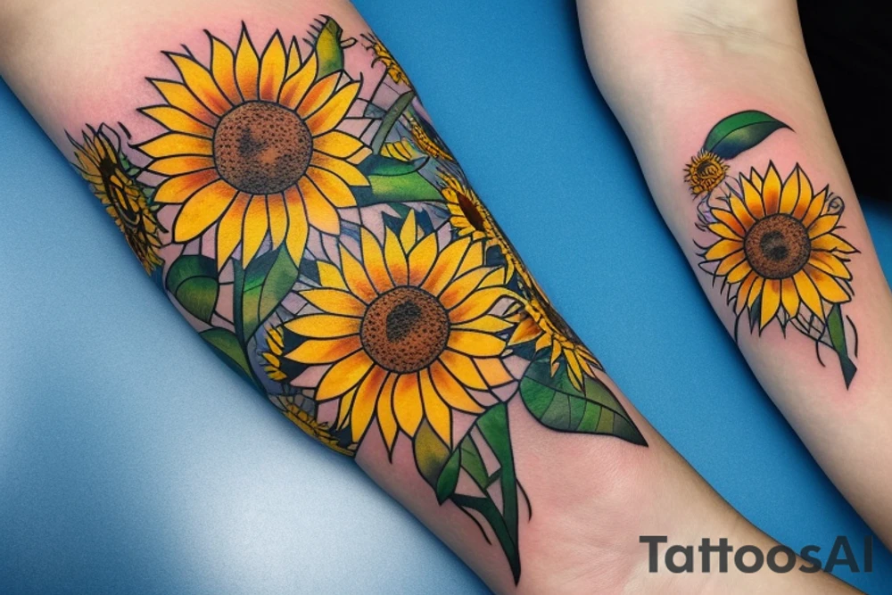 Tree of life surrounded by mountains and surf wrapped with sunflower tattoo idea
