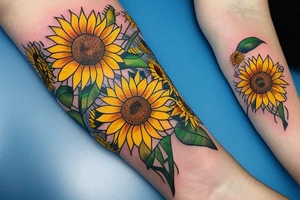 Tree of life surrounded by mountains and surf wrapped with sunflower tattoo idea