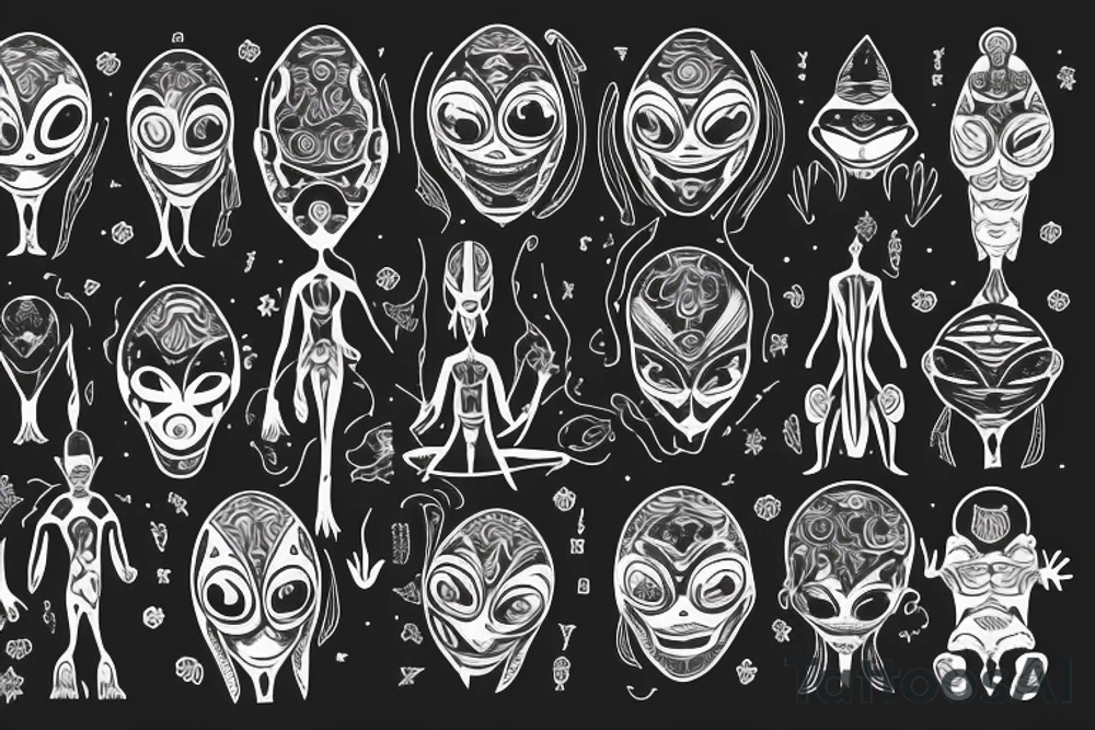 full body of normal looking alien meditating that's symmetric and realistic tattoo idea
