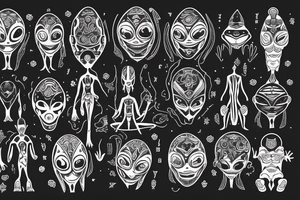 full body of normal looking alien meditating that's symmetric and realistic tattoo idea