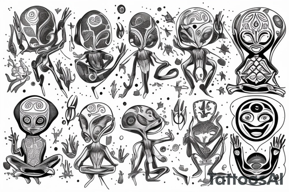full body of normal looking alien meditating that's symmetric and realistic tattoo idea