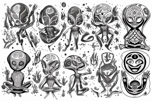 full body of normal looking alien meditating that's symmetric and realistic tattoo idea