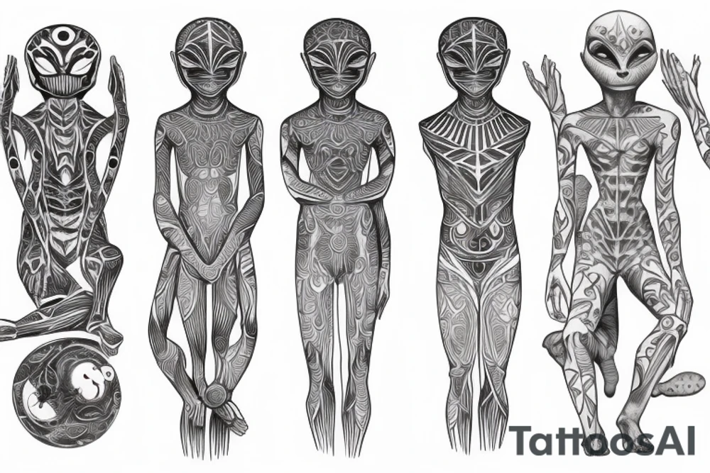 full body of normal looking alien meditating that's symmetric and realistic tattoo idea