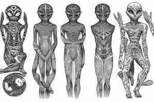 full body of normal looking alien meditating that's symmetric and realistic tattoo idea