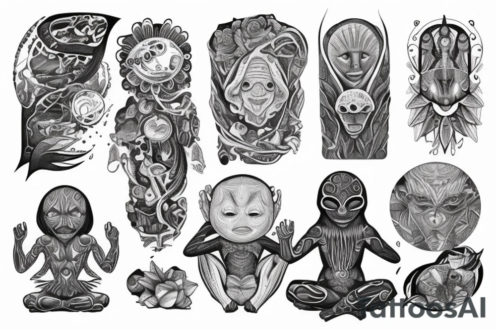 full body of normal looking alien meditating that's symmetric and realistic tattoo idea