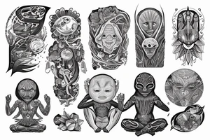 full body of normal looking alien meditating that's symmetric and realistic tattoo idea