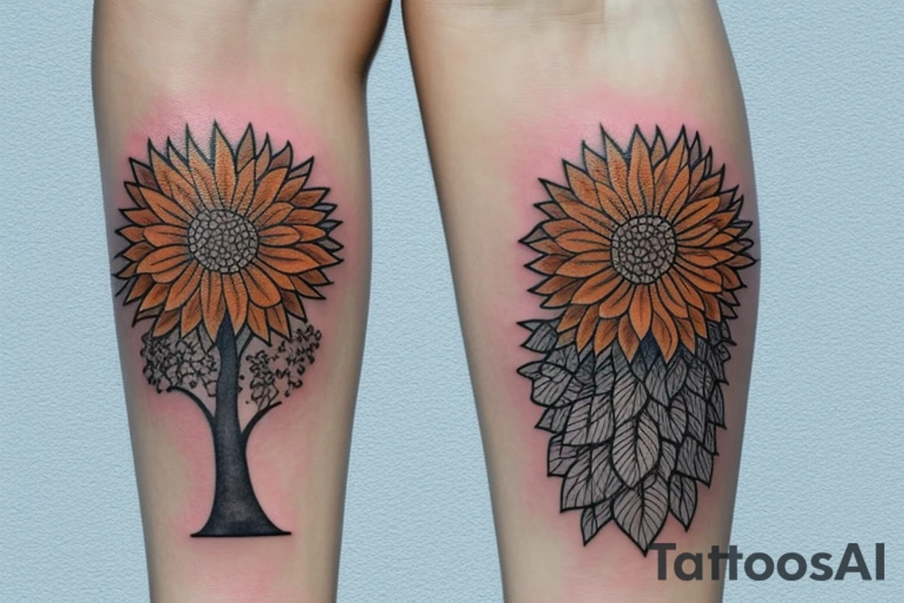 Tree of life surrounded by mountains and surf wrapped with sunflower tattoo idea