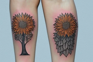 Tree of life surrounded by mountains and surf wrapped with sunflower tattoo idea