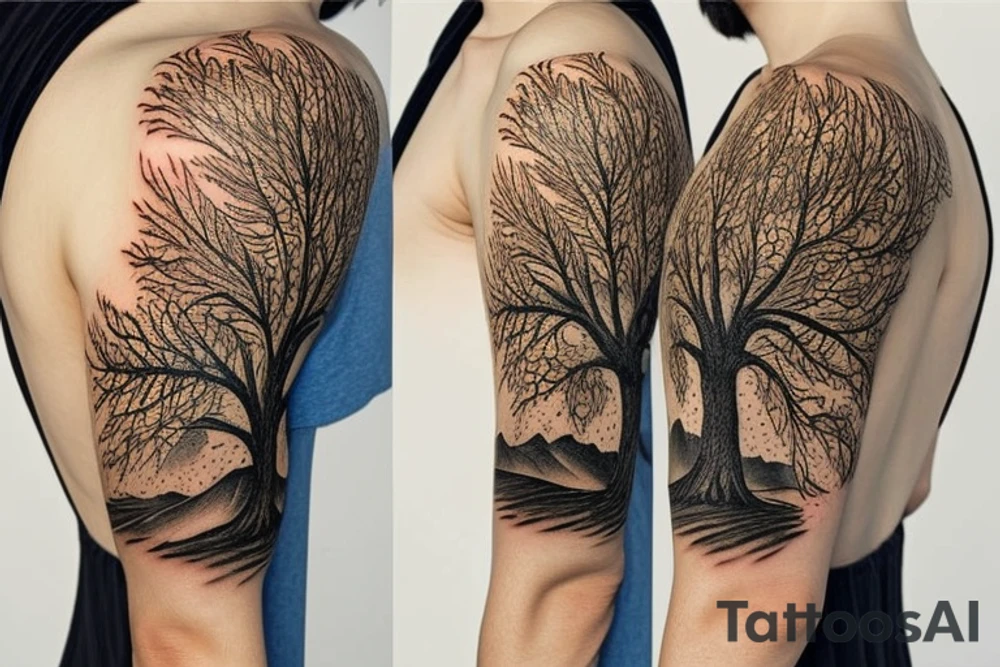 Tree of life surrounded by mountains and surf wrapped with sunflower tattoo idea