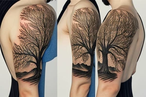 Tree of life surrounded by mountains and surf wrapped with sunflower tattoo idea