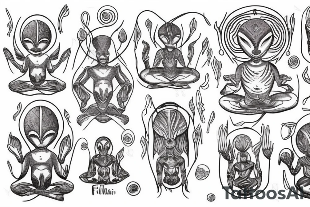 full body of classic looking alien meditating that's symmetric tattoo idea