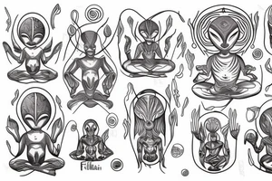 full body of classic looking alien meditating that's symmetric tattoo idea