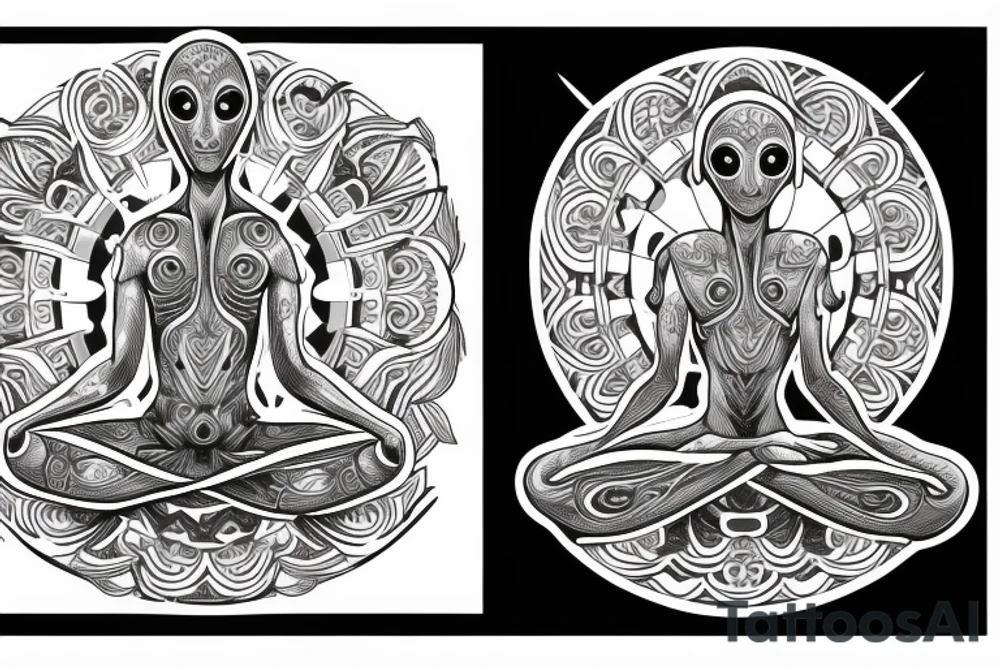 full body of classic looking alien meditating that's symmetric tattoo idea