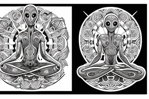 full body of classic looking alien meditating that's symmetric tattoo idea