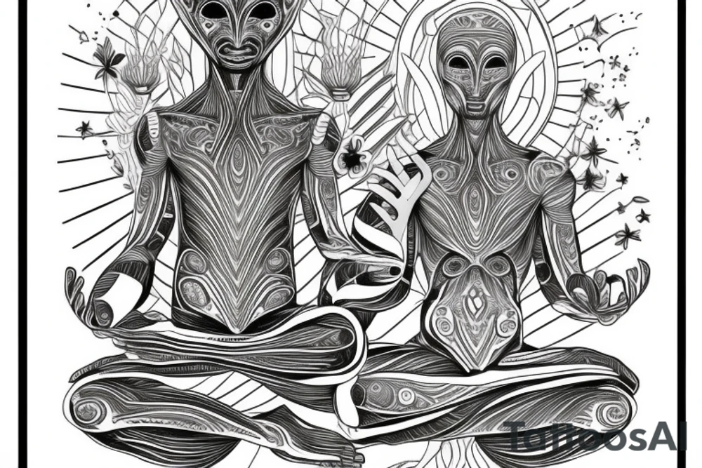 full body of classic looking alien meditating that's symmetric not much detail tattoo idea