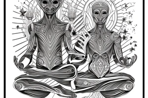 full body of classic looking alien meditating that's symmetric not much detail tattoo idea