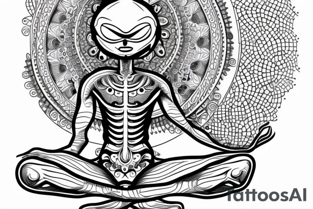 full body of classic looking alien meditating that's symmetric not much detail tattoo idea