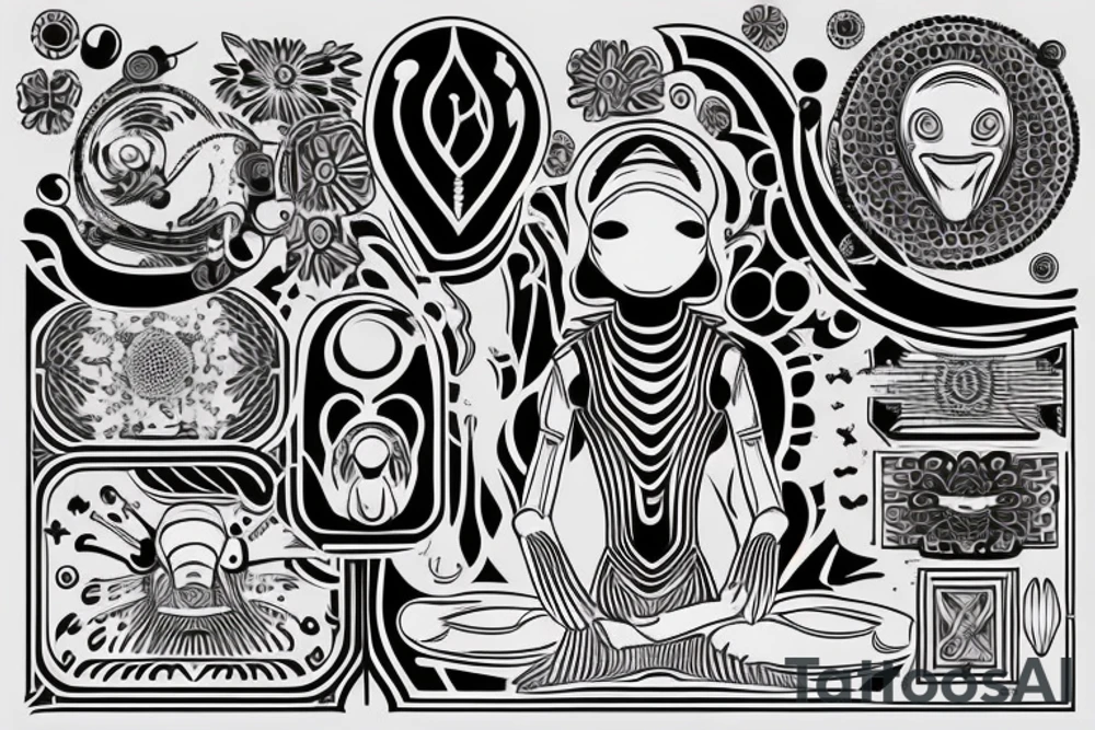 full body of classic looking alien meditating that's symmetric not much detail tattoo idea