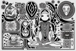 full body of classic looking alien meditating that's symmetric not much detail tattoo idea