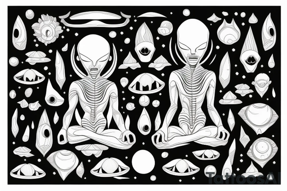 full body of classic looking alien meditating that's symmetric not much detail tattoo idea