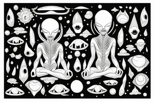 full body of classic looking alien meditating that's symmetric not much detail tattoo idea