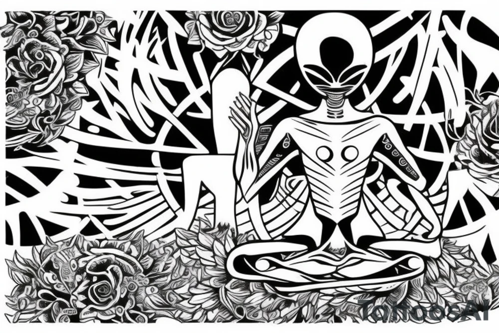 full body of classic looking alien meditating that's symmetric not much detail tattoo idea