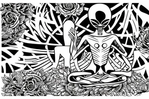 full body of classic looking alien meditating that's symmetric not much detail tattoo idea