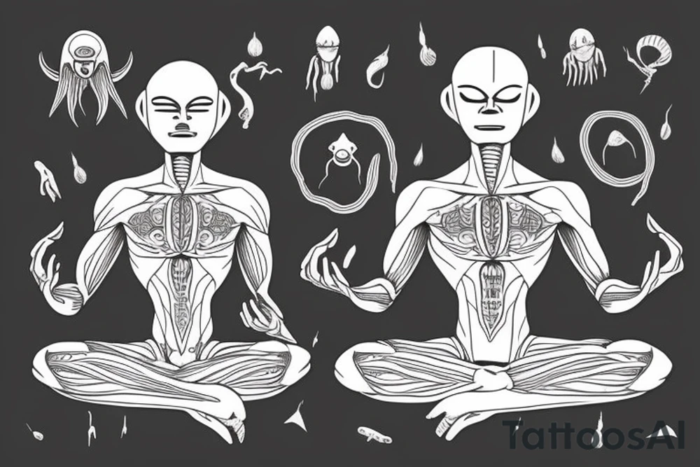 full body of classic looking alien meditating that's symmetric not much detail tattoo idea