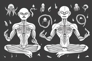 full body of classic looking alien meditating that's symmetric not much detail tattoo idea