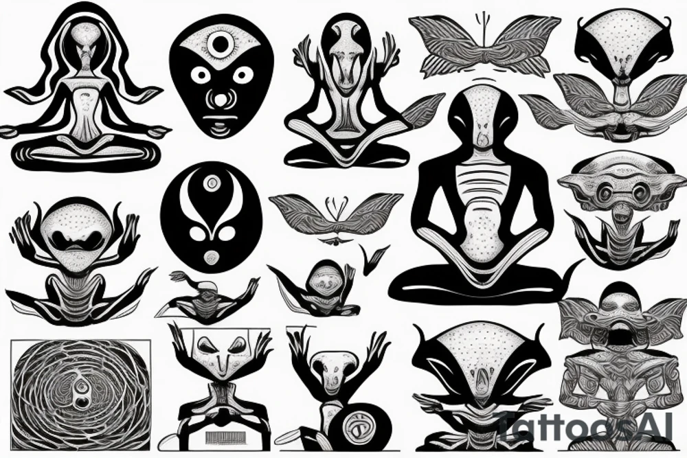 full body of classic looking alien meditating that's symmetric not much detail tattoo idea