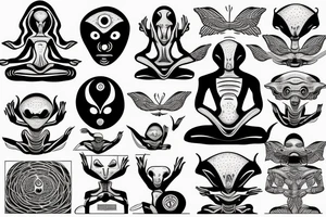 full body of classic looking alien meditating that's symmetric not much detail tattoo idea