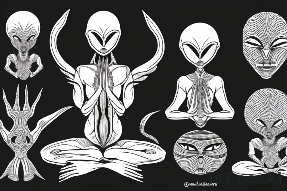 full body of classic looking alien meditating that's symmetric not much detail tattoo idea
