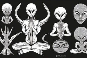 full body of classic looking alien meditating that's symmetric not much detail tattoo idea