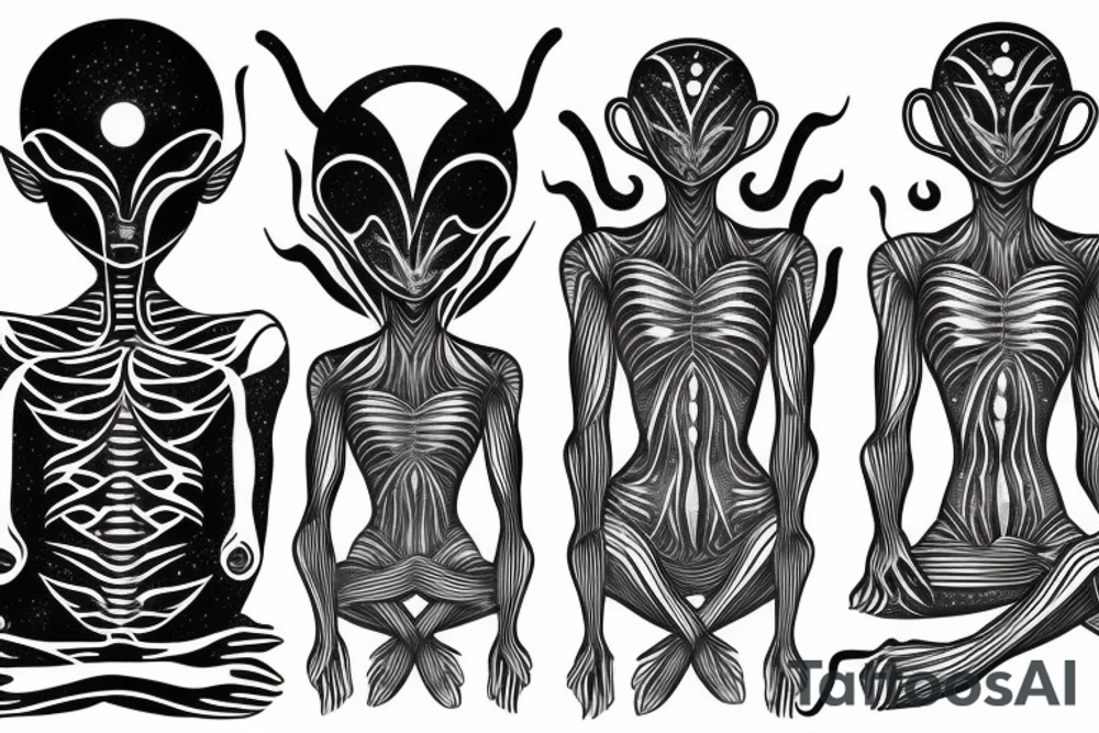 full body of classic looking alien meditating that's symmetric not much detail tattoo idea