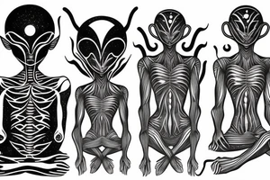 full body of classic looking alien meditating that's symmetric not much detail tattoo idea