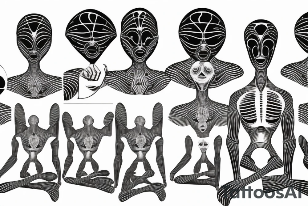 full body of classic looking alien meditating that's symmetric not much detail tattoo idea