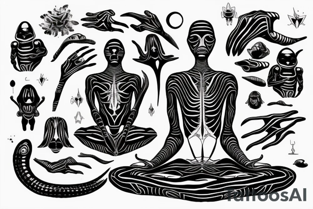 full body of classic looking alien meditating that's symmetric not much detail tattoo idea