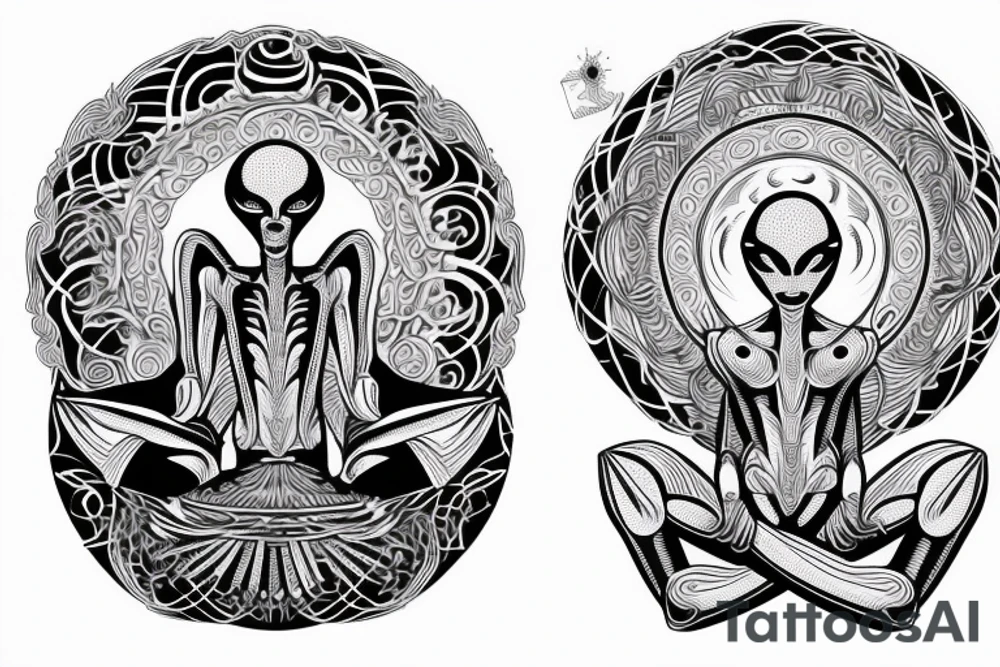 full body of classic looking alien meditating that's symmetric not much detail tattoo idea