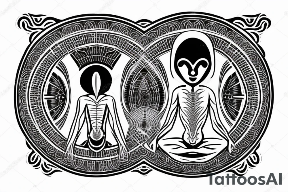 full body of classic looking alien meditating that's symmetric not much detail tattoo idea