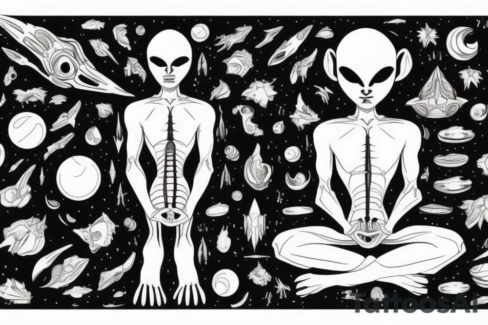 full body of classic looking alien meditating that's symmetric not much detail tattoo idea
