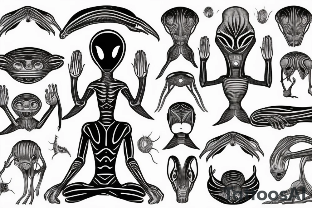 full body of classic looking alien meditating that's symmetric not much detail tattoo idea