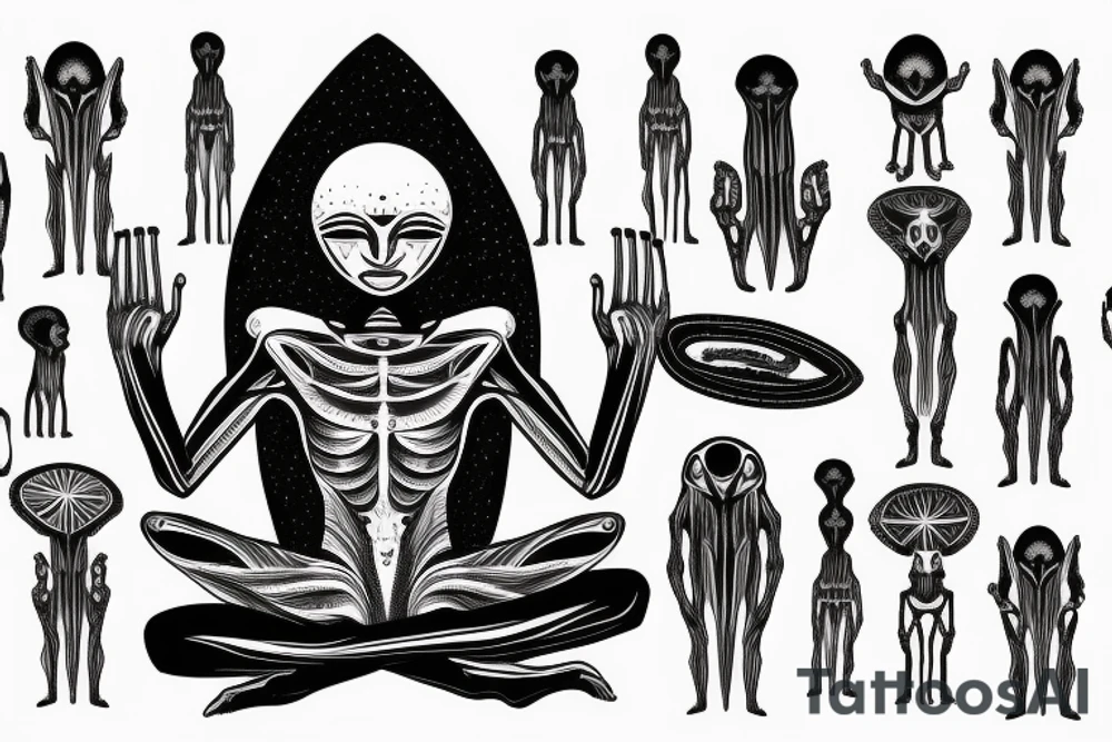 full body of classic looking alien meditating that's symmetric not much detail tattoo idea