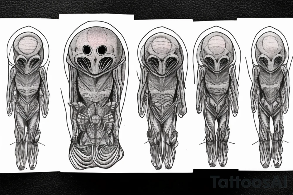 full body of classic looking alien meditating that's symmetric not much detail tattoo idea