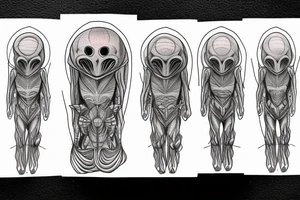 full body of classic looking alien meditating that's symmetric not much detail tattoo idea