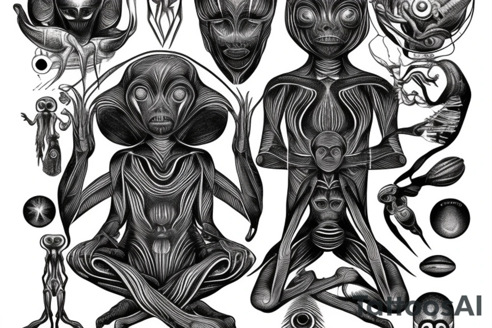 full body of classic looking alien meditating that's symmetric not much detail tattoo idea