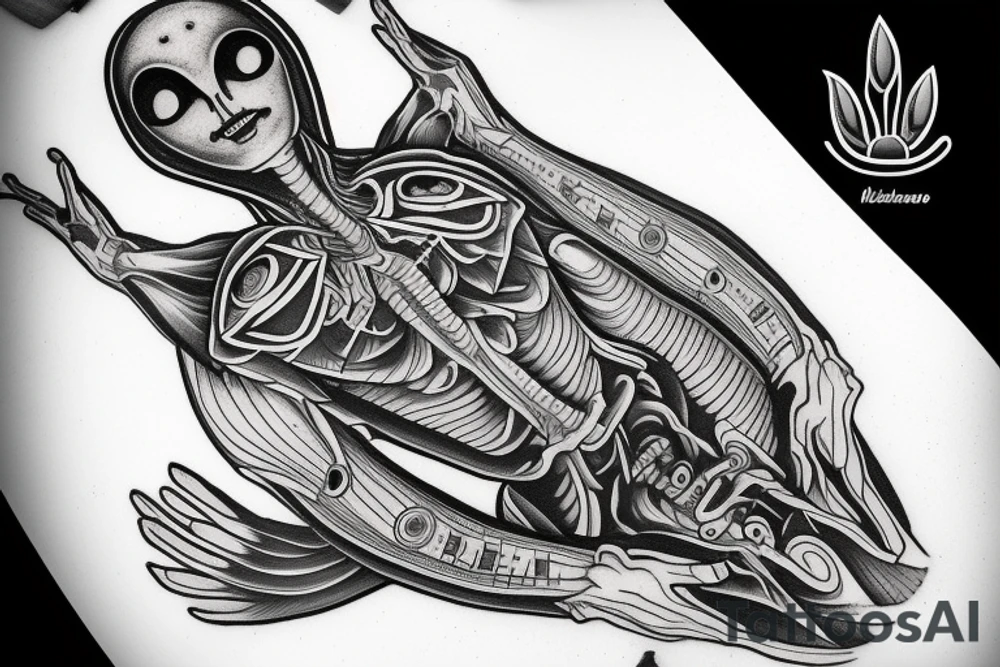 full body of alien meditating that's symmetric not much detail tattoo idea
