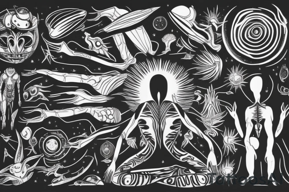 full body of alien meditating that's symmetric not much detail tattoo idea