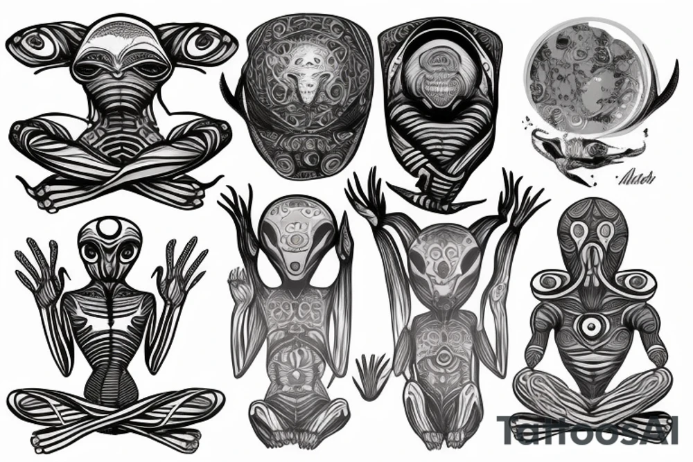 full body of alien meditating that's symmetric not much detail tattoo idea